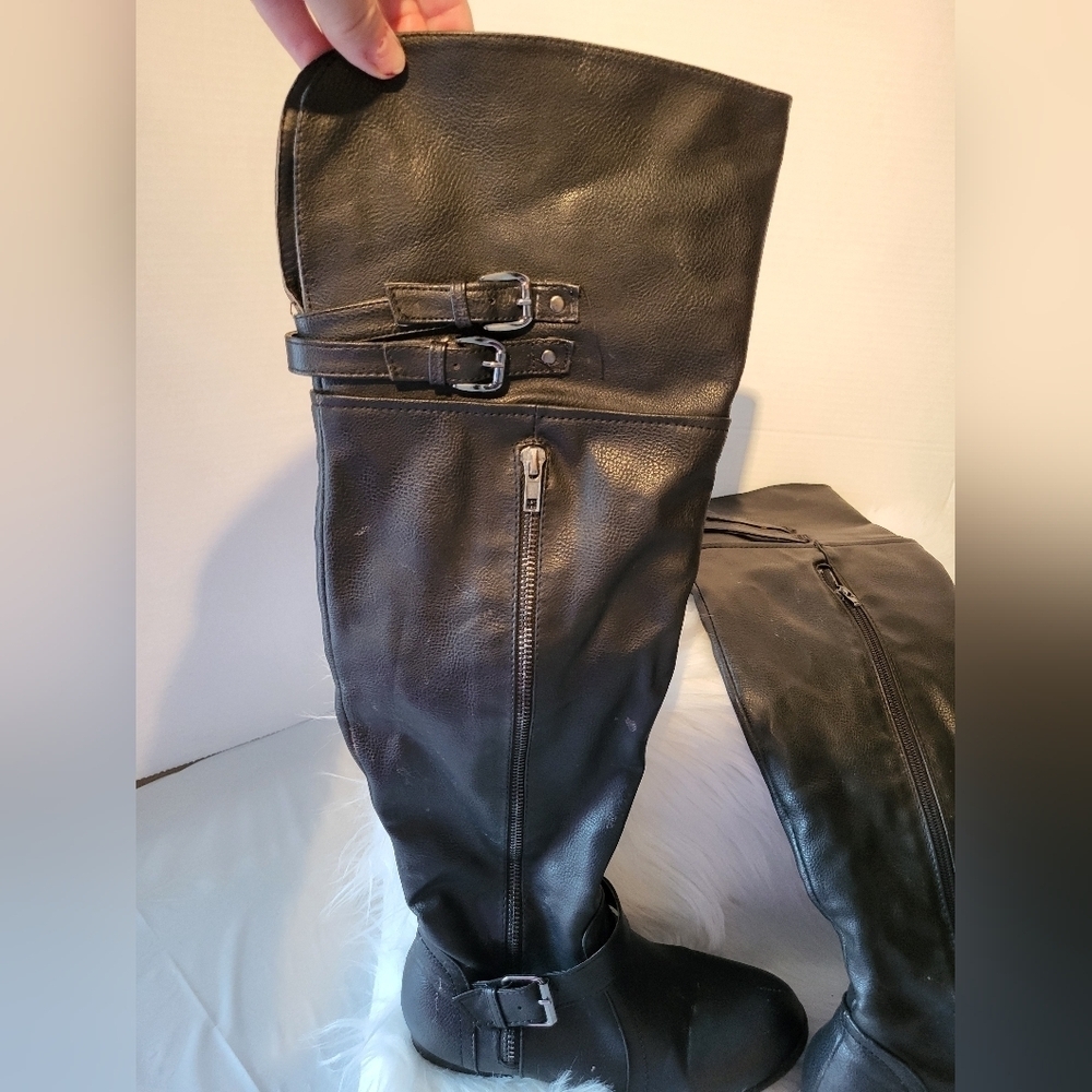Black Leather Over Knee-High Boots with Buckles